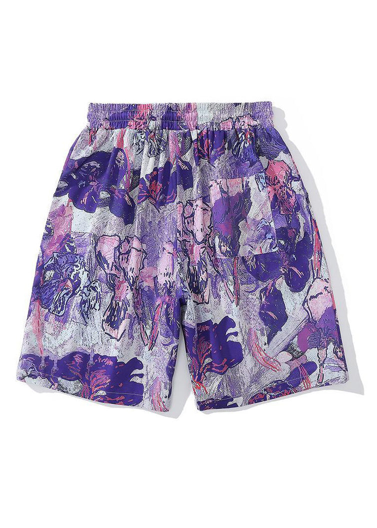 Purple Lace Up Elastic Waist Cotton Summer Shorts