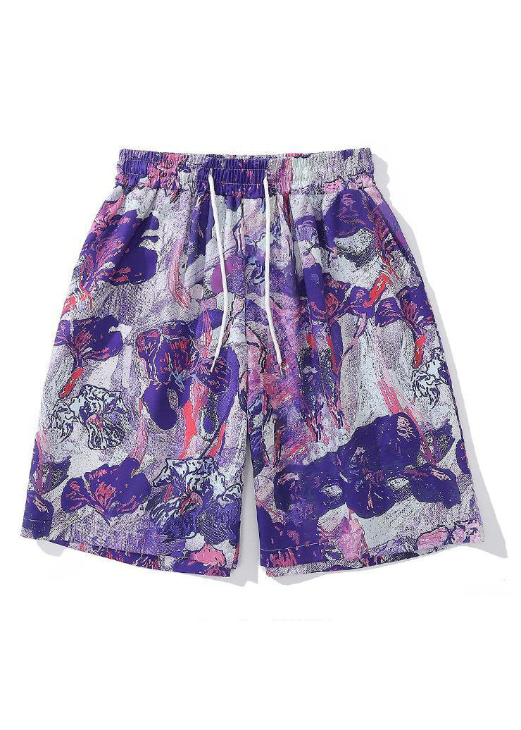 Purple Lace Up Elastic Waist Cotton Summer Shorts