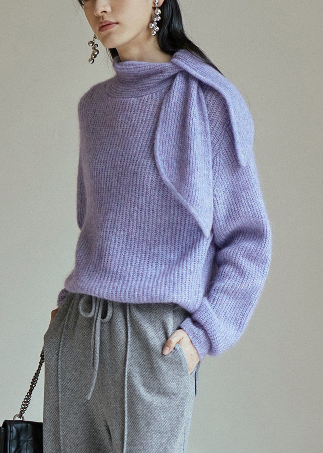 Purple Lace Up Patchwork Cozy Knit Sweaters Fall