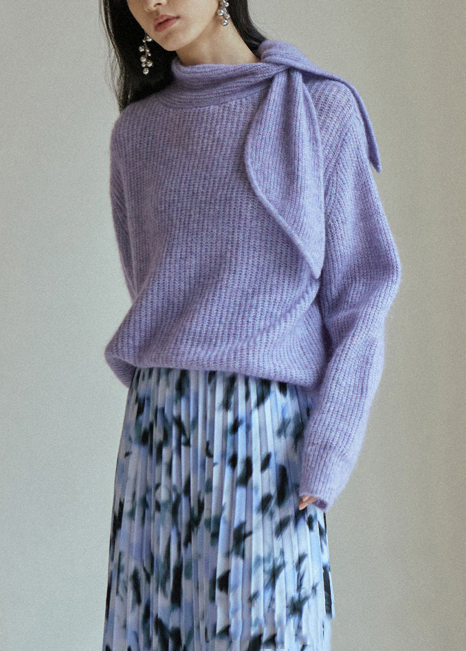 Purple Lace Up Patchwork Cozy Knit Sweaters Fall