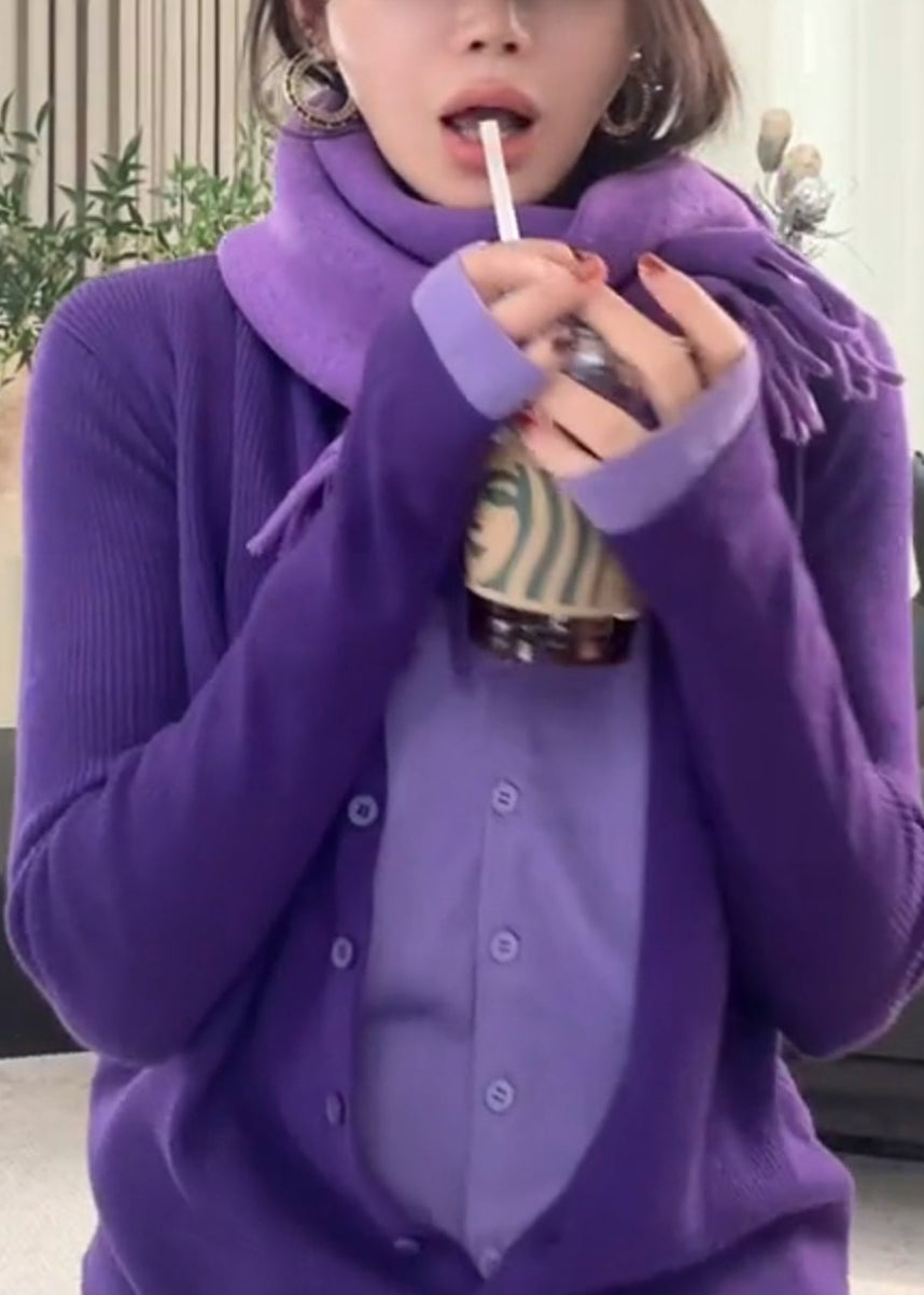 Purple O-neck Button Fake Two Pieces Cotton Knit Sweater Spring