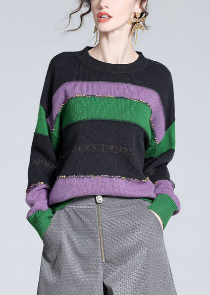 Purple O-neck Cozy Patchwork Wool Knit Sweater Winter