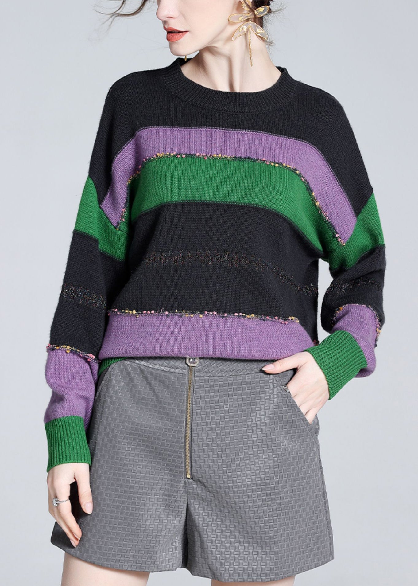 Purple O-neck Cozy Patchwork Wool Knit Sweater Winter
