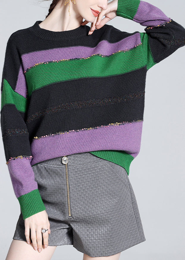 Purple O-neck Cozy Patchwork Wool Knit Sweater Winter