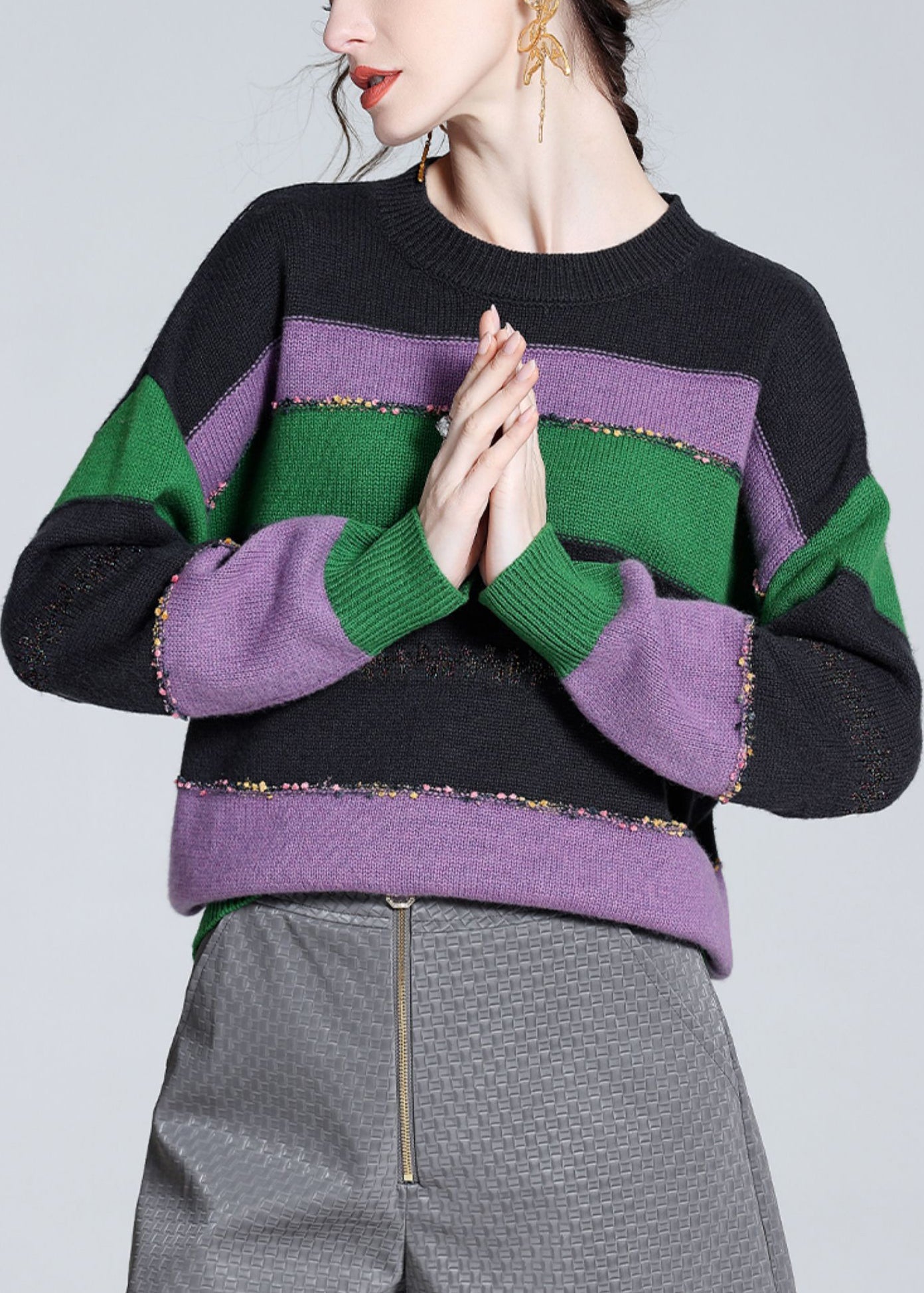 Purple O-neck Cozy Patchwork Wool Knit Sweater Winter