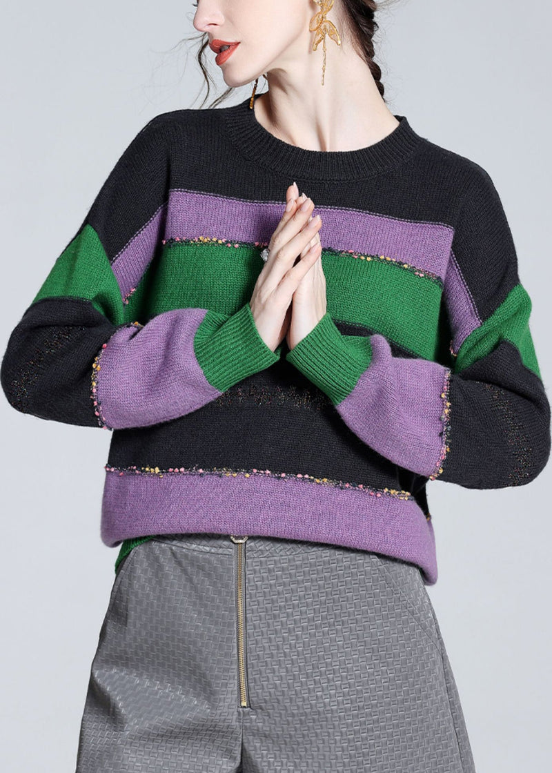 Purple O-neck Cozy Patchwork Wool Knit Sweater Winter