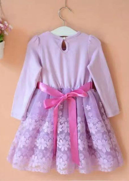 Purple O-neck Embroideried Patchwork Tie Waist Tulle Kids Mid Dress Long Sleeve