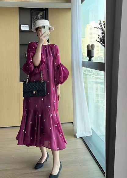 Purple O-neck Ruffled Patchwork Long Dresses Puff Sleeve