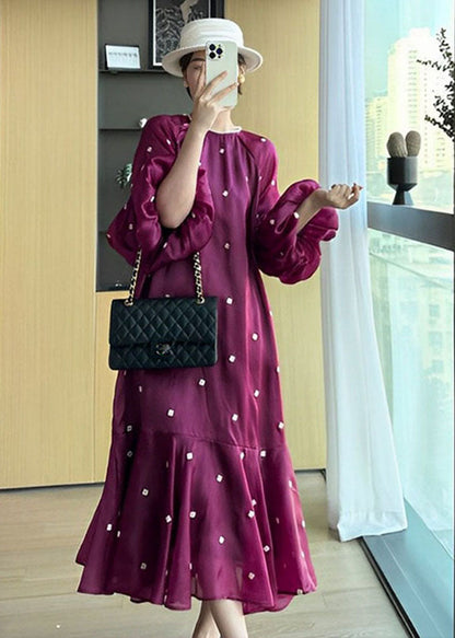 Purple O-neck Ruffled Patchwork Long Dresses Puff Sleeve