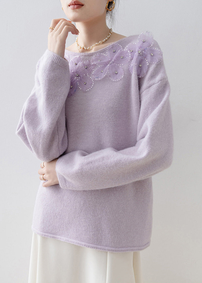 Purple O Neck Sequins Zircon Knit Top Spring