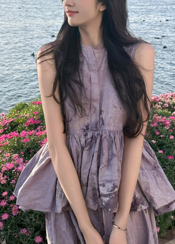Purple O-neck Ruffled Patchwork Wrinkled Maxi Dresses Summer