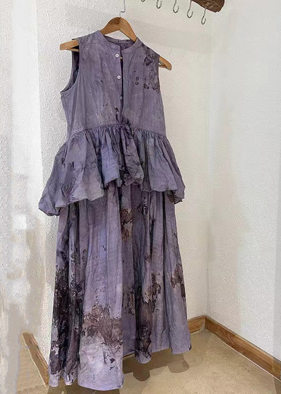 Purple O-neck Ruffled Patchwork Wrinkled Maxi Dresses Summer