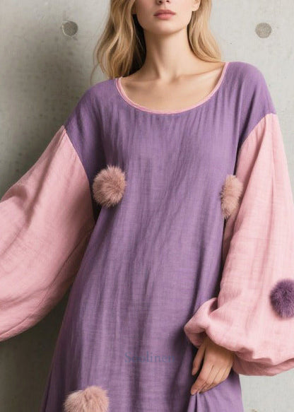 Purple Oversized Patchwork Fuzzy Ball Decorated Long Dress Lantern Sleeve