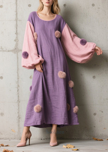 Purple Oversized Patchwork Fuzzy Ball Decorated Long Dress Lantern Sleeve