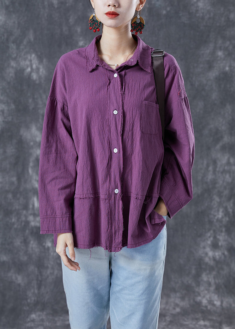 Purple Oversized Patchwork Linen Blouses Summer