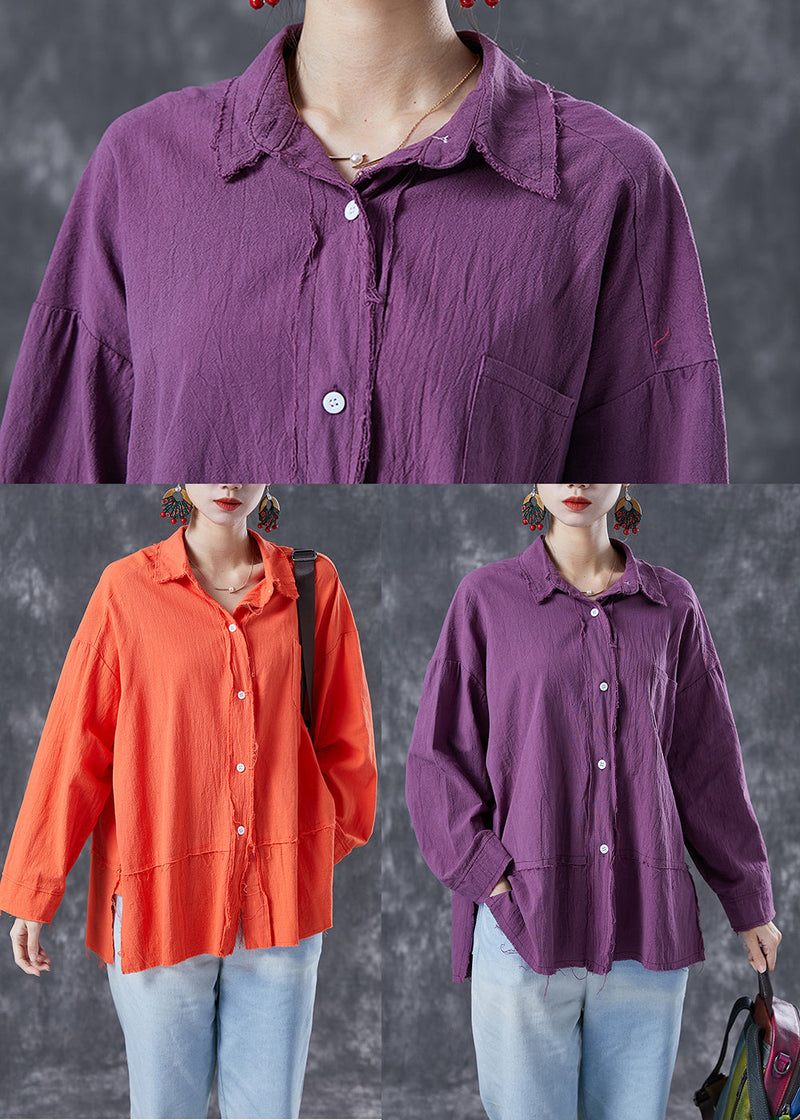 Purple Oversized Patchwork Linen Blouses Summer
