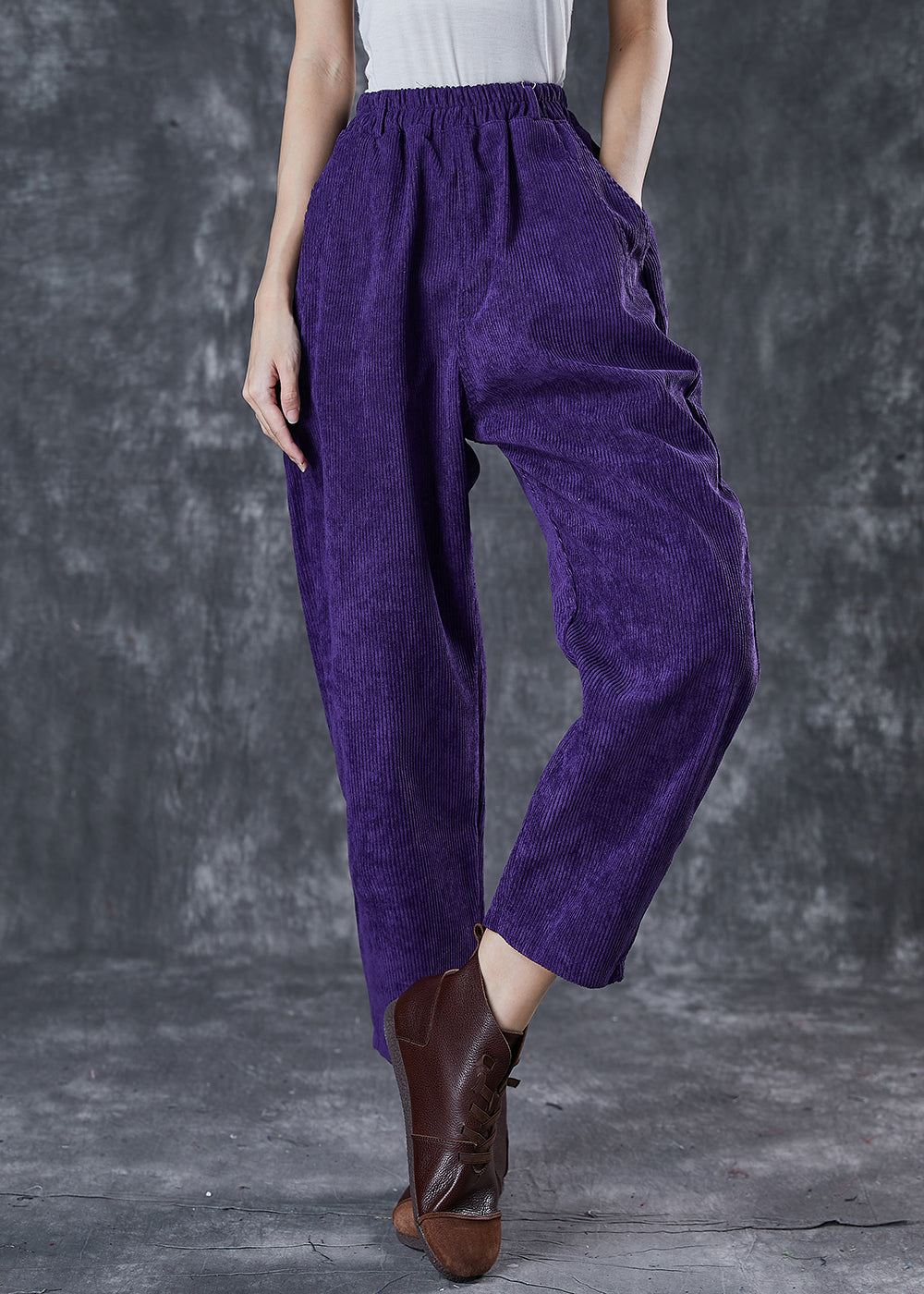 Purple Oversized Pockets Corduroy Harem Pants Spring