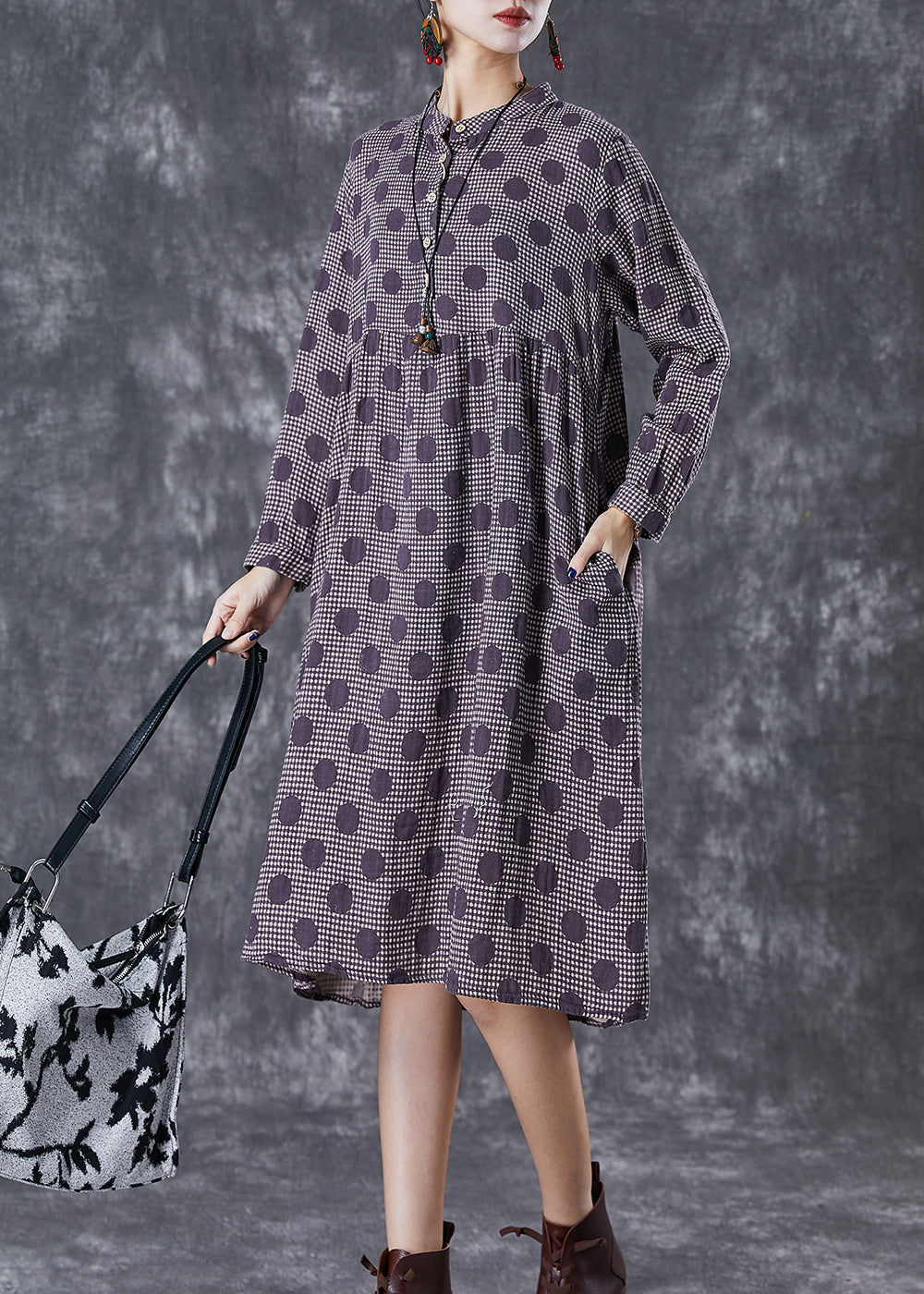 Purple Oversized Print Cotton Vacation Dresses Fall