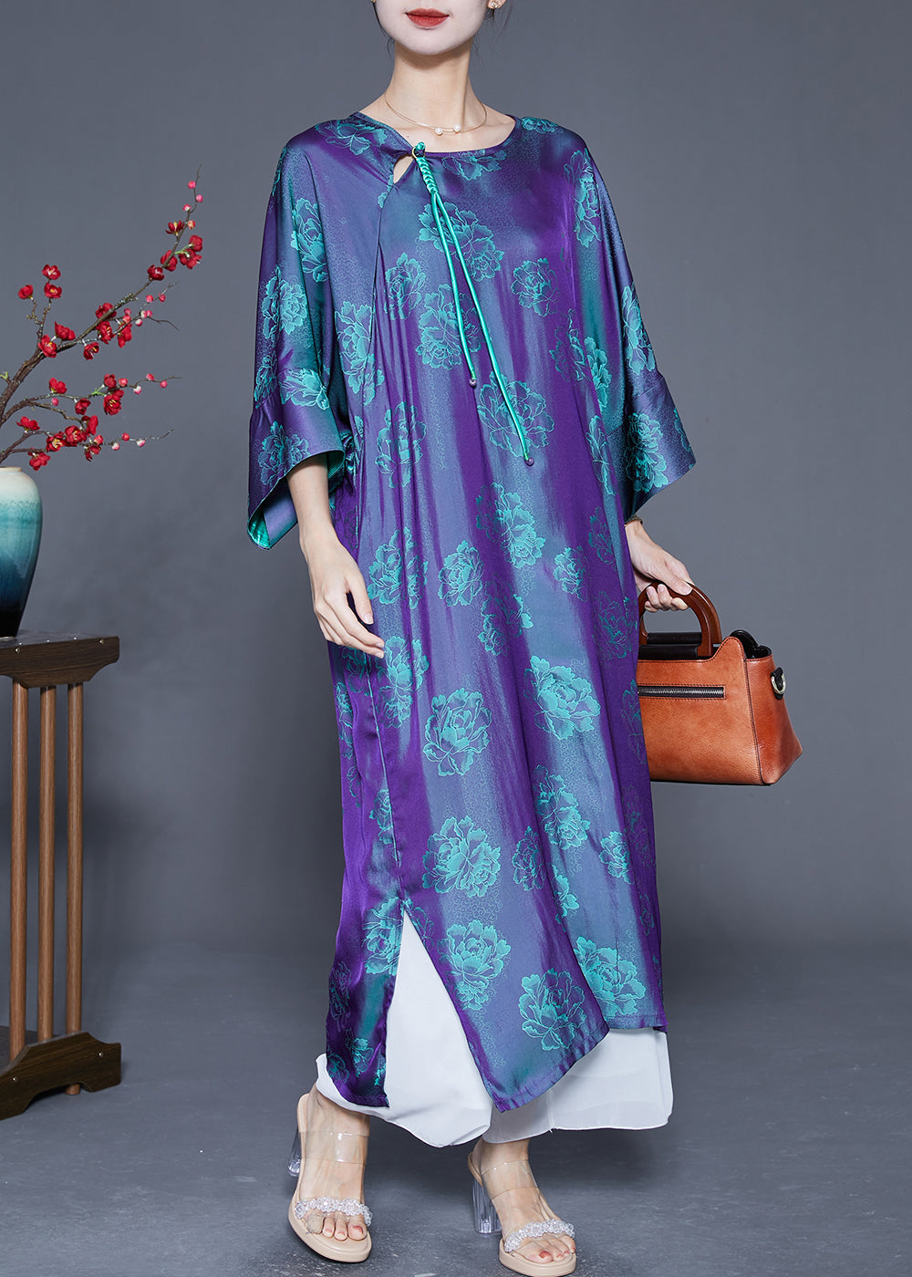 Purple Oversized Print Silk Dresses Bracelet Sleeve