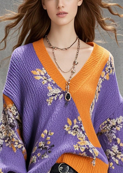 Purple Oversized Print Sweaters Batwing Sleeve