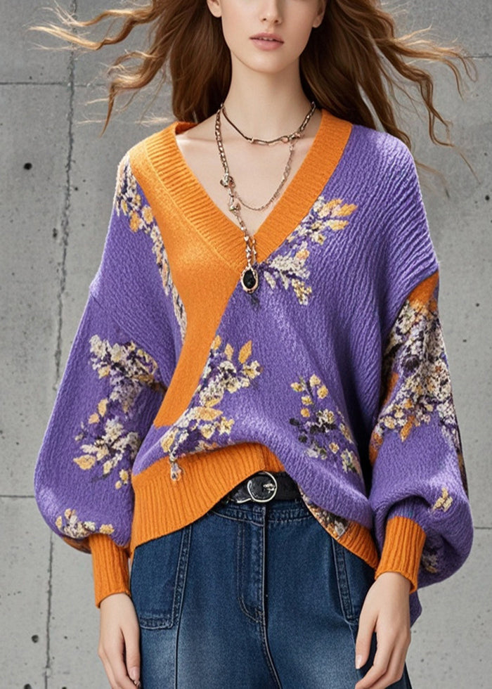 Purple Oversized Print Sweaters Batwing Sleeve