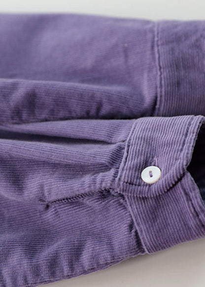 Purple Patchwork Corduroy Shirt Dresses Long Sleeve
