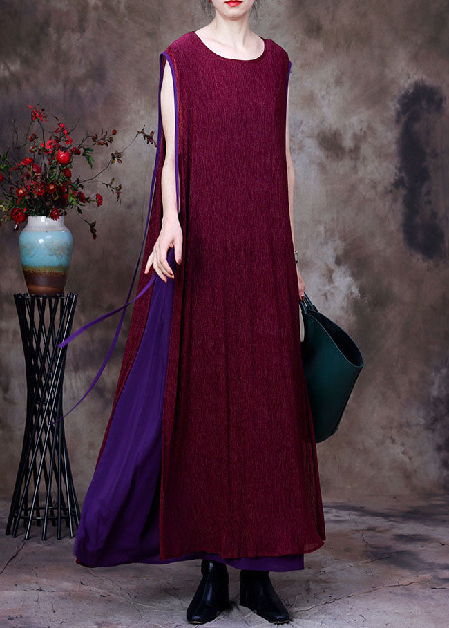 Purple Patchwork O-neck Silk Fake Two Piece Long Dresses Sleeveless