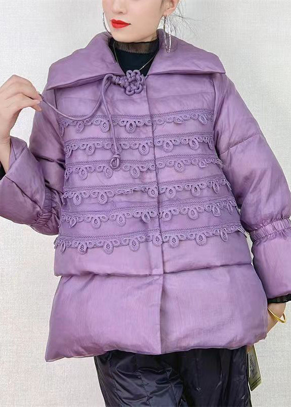 Purple Peter Pan Collar Button Patchwork Duck Down Coat Winter