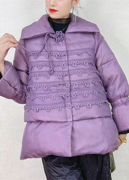 Purple Peter Pan Collar Button Patchwork Duck Down Coat Winter
