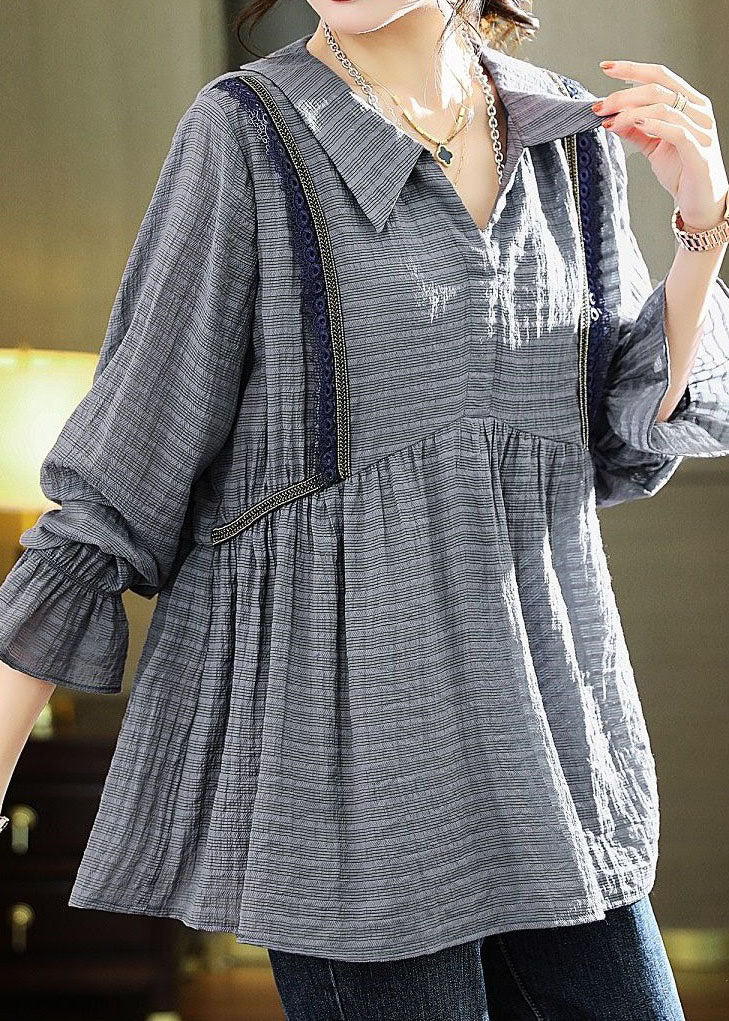 Purple Peter Pan Collar Lace Patchwork Cotton Shirts Long Sleeve