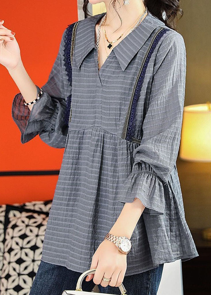 Purple Peter Pan Collar Lace Patchwork Cotton Shirts Long Sleeve