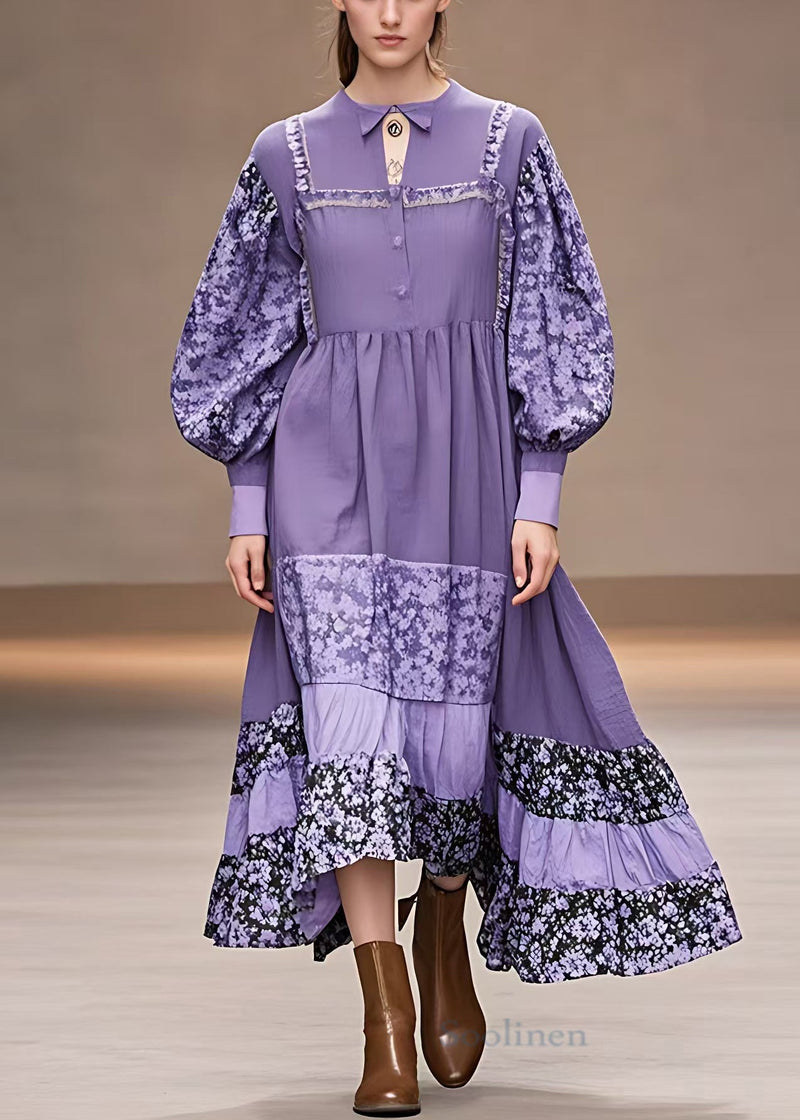 Purple Print Patchwork Cotton Maxi Dresses Long Sleeve