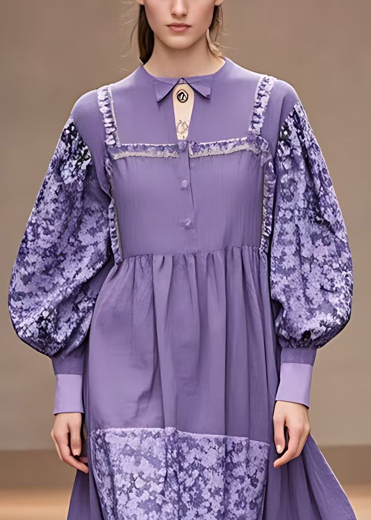 Purple Print Patchwork Cotton Maxi Dresses Long Sleeve