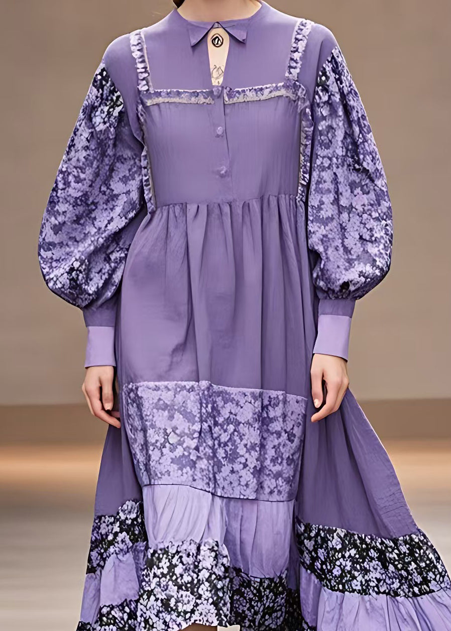 Purple Print Patchwork Cotton Maxi Dresses Long Sleeve