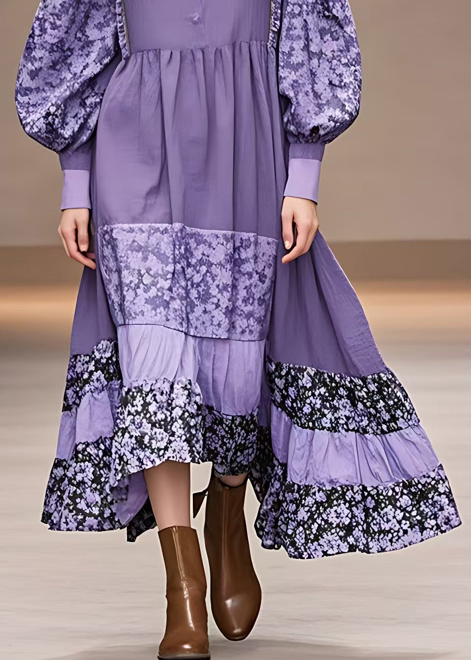 Purple Print Patchwork Cotton Maxi Dresses Long Sleeve