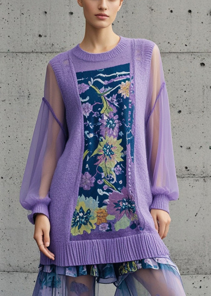 Purple Print Patchwork Tulle Long Sweaters Fall