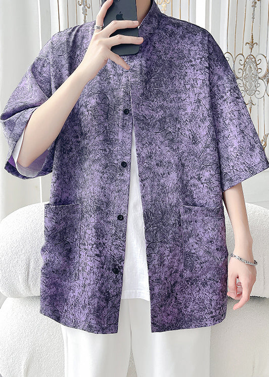 Purple Print Pockets Ice Silk Shirt Half Sleeve
