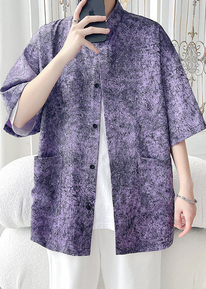 Purple Print Pockets Ice Silk Shirt Half Sleeve