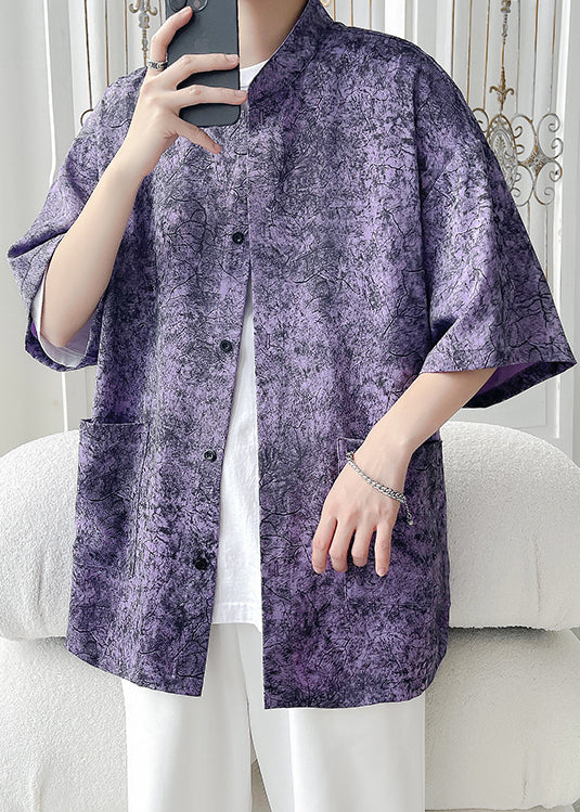 Purple Print Pockets Ice Silk Shirt Half Sleeve