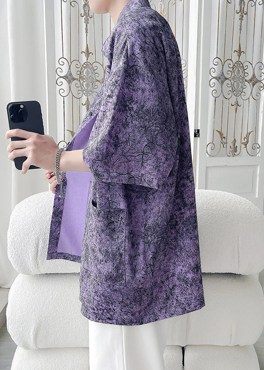 Purple Print Pockets Ice Silk Shirt Half Sleeve