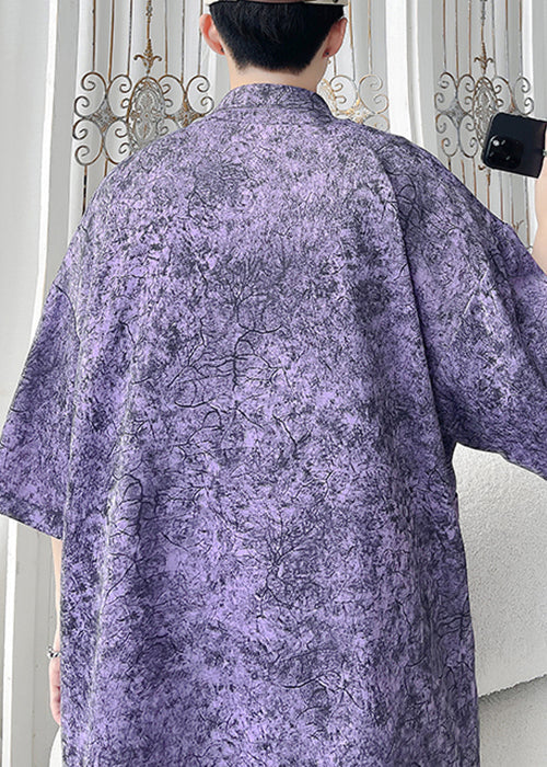 Purple Print Pockets Ice Silk Shirt Half Sleeve