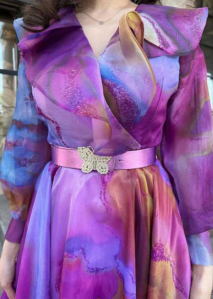 Purple Print Sashes Tulle Patchwork Exra Large Hem Dress Spring