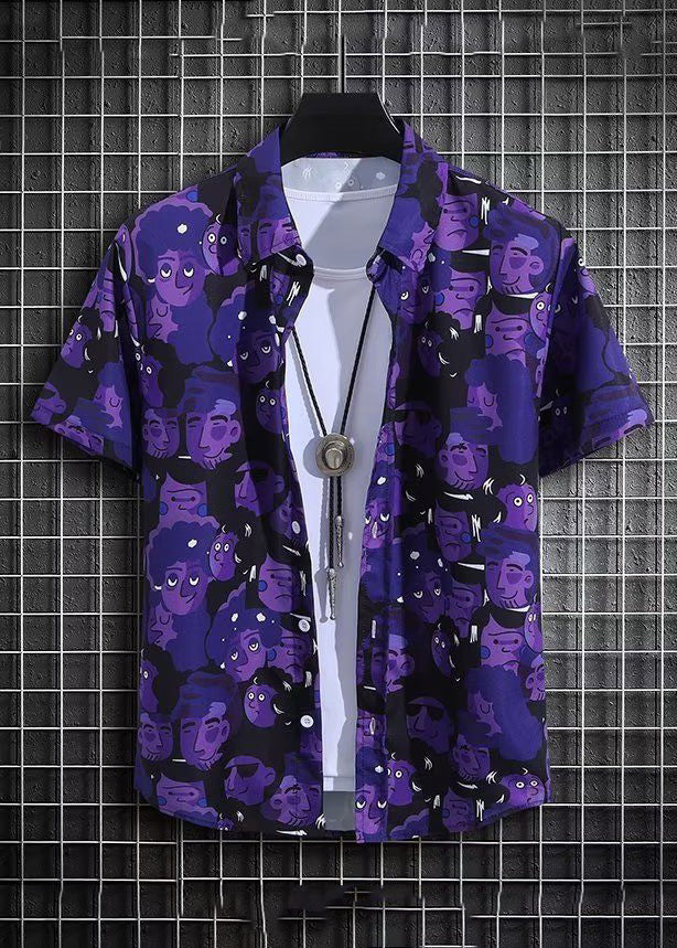 Purple Print Shirt and Shorts Ice Silk Two Pieces Set Summer