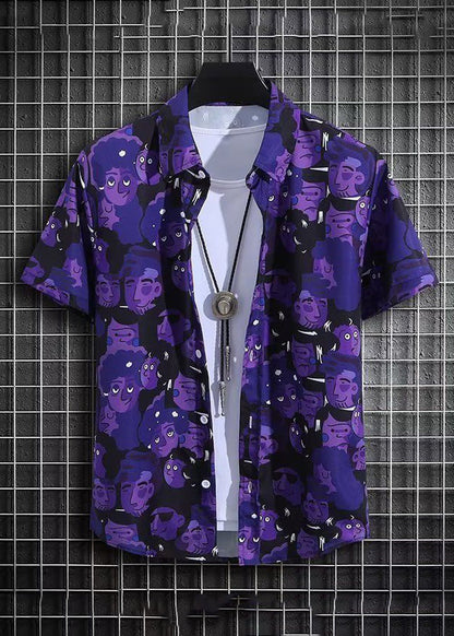 Purple Print Shirt and Shorts Ice Silk Two Pieces Set Summer