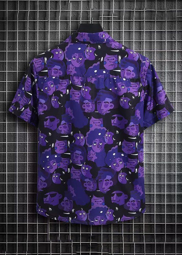 Purple Print Shirt and Shorts Ice Silk Two Pieces Set Summer