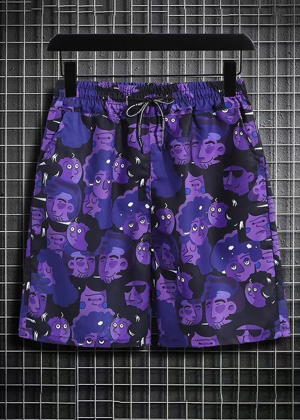 Purple Print Shirt and Shorts Ice Silk Two Pieces Set Summer