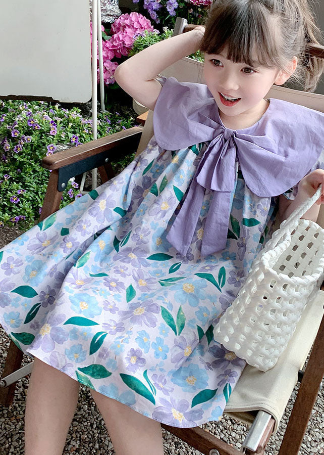 Purple Print Wrinkled Patchwork Cotton Baby Dress Summer