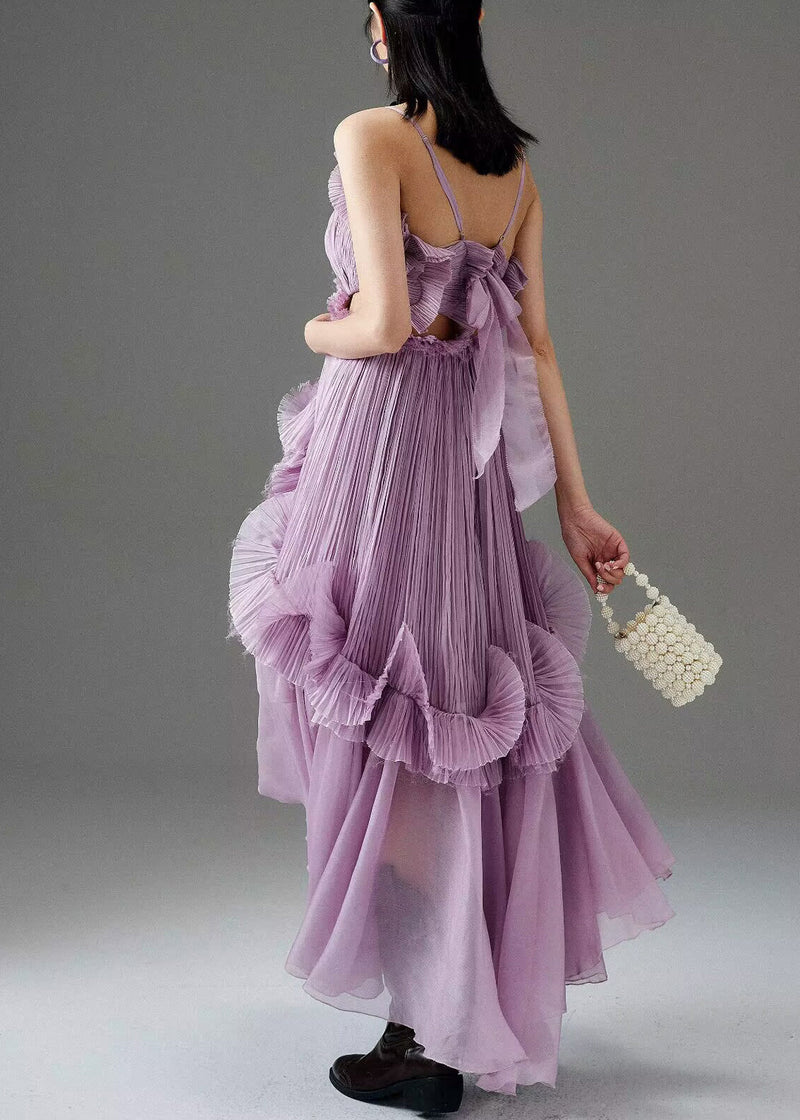 Purple Ruffled Low High Design Chiffon Spaghetti Strap Dress Sleeveless