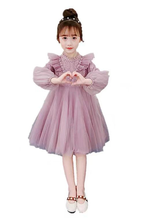 Purple Ruffled Nail Bead Patchwork Tulle Kids Dresses Fall