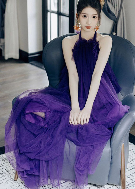 Purple Ruffled Patchwork Halter Tulle Long Dresses Sleeveless